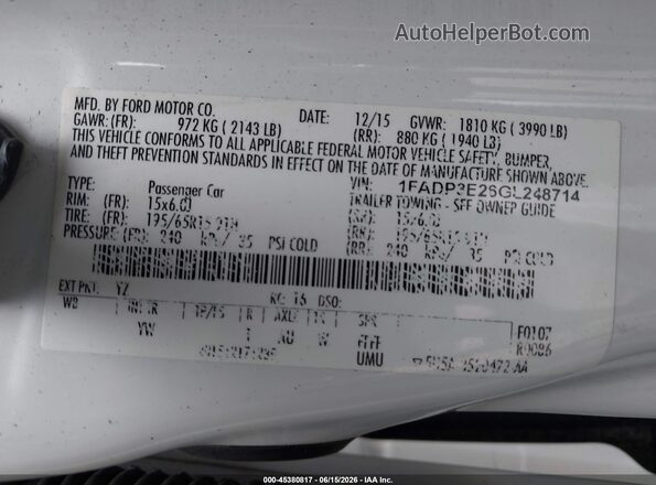 1FADP3E26GL248714 2016 FORD FOCUS Белый Вид подкапотного пространства