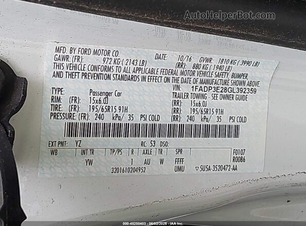 1FADP3E28GL392359 2016 FORD FOCUS White Widok komory silnika