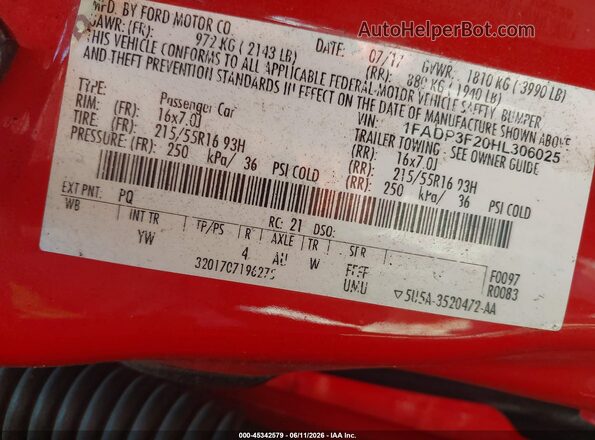 1FADP3F20HL306025 2017 FORD FOCUS Red 