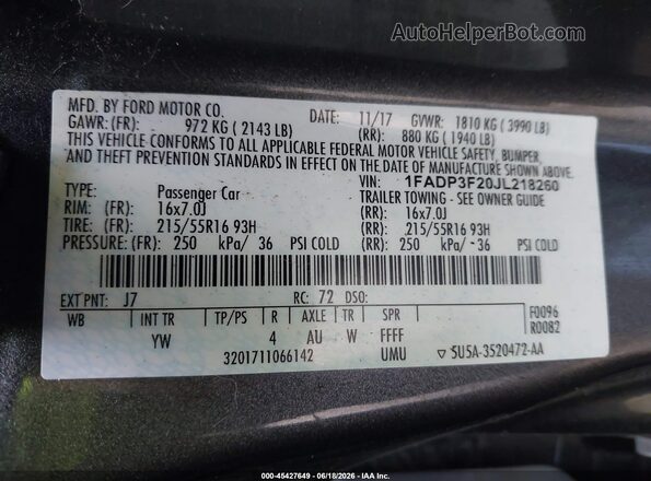 1FADP3F20JL218260 2018 FORD FOCUS Gray Engine compartment view