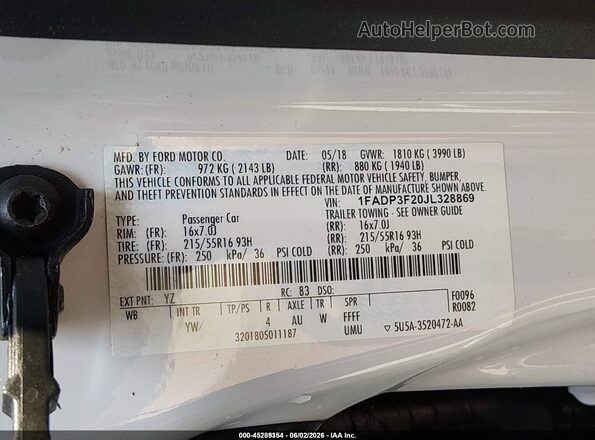 1FADP3F20JL328869 2018 FORD FOCUS Белый 