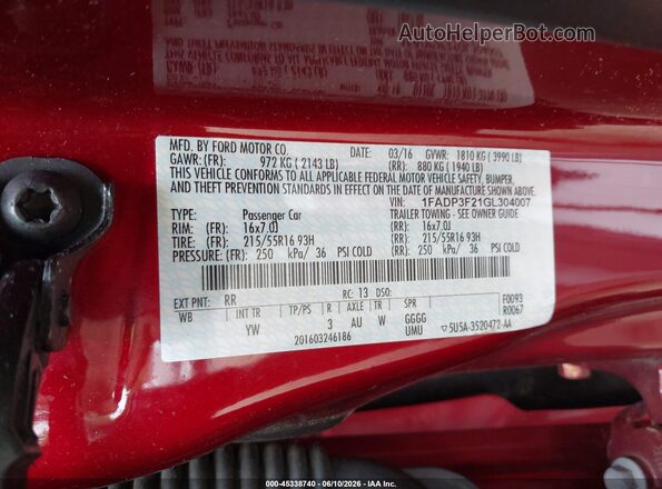 1FADP3F21GL304007 2016 FORD FOCUS Red Widok komory silnika