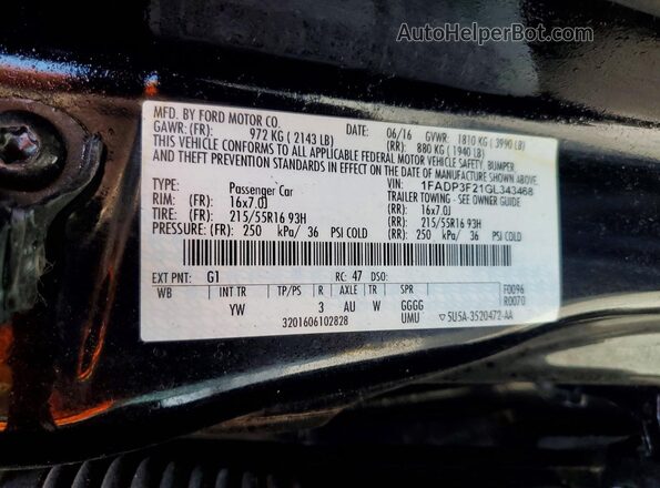 1FADP3F21GL343468 2016 FORD FOCUS Black Engine compartment view