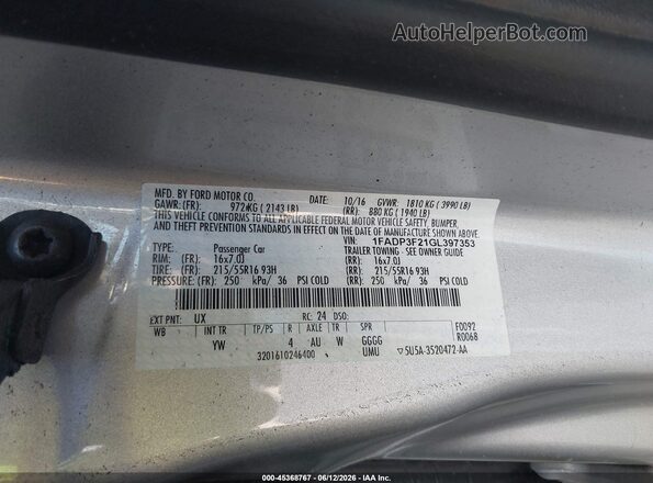 1FADP3F21GL397353 2016 FORD FOCUS Silver Շարժիչի բաժամունքի տեսք