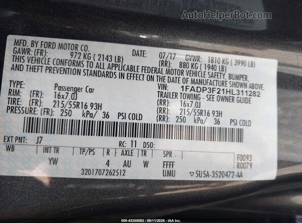 1FADP3F21HL311282 2017 FORD FOCUS Gray Вид підкапотного простору
