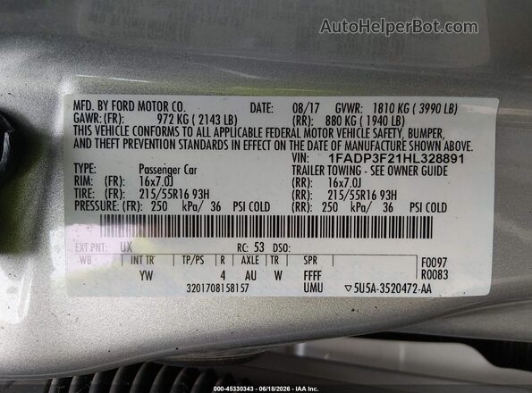1FADP3F21HL328891 2017 FORD FOCUS Серебряный Вид подкапотного пространства
