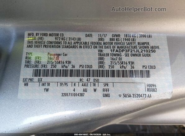 1FADP3F21JL210250 2018 FORD FOCUS Silver Շարժիչի բաժամունքի տեսք