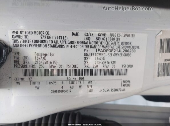 1FADP3F21JL286230 2018 FORD FOCUS White Вид підкапотного простору