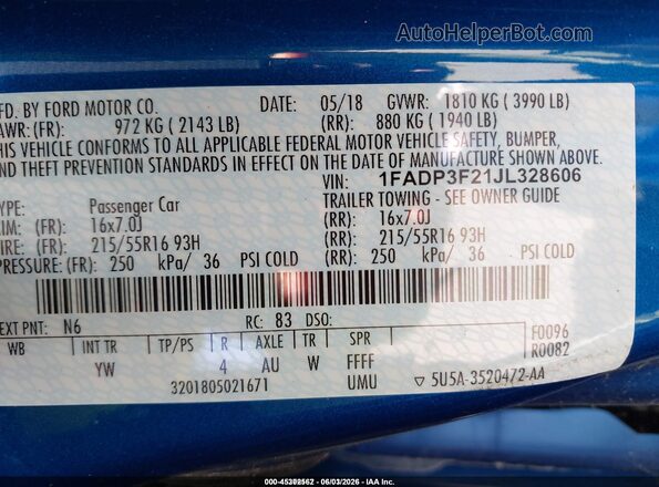 1FADP3F21JL328606 2018 FORD FOCUS Blue 