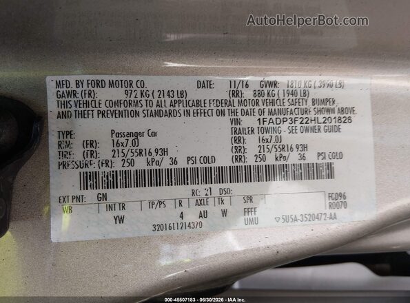 1FADP3F22HL201826 2017 FORD FOCUS Champagne Engine compartment view
