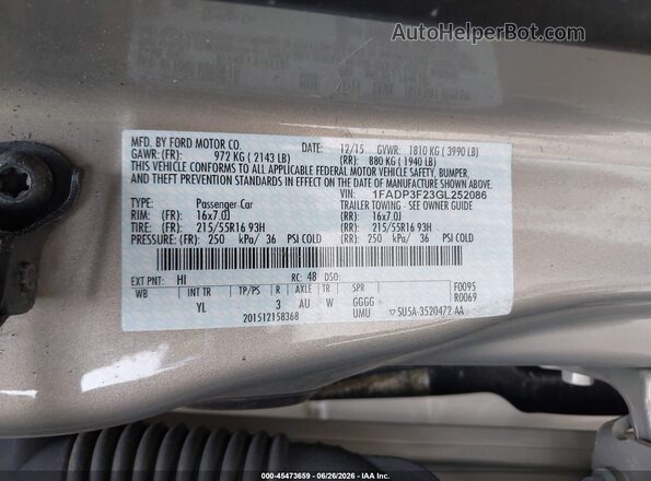 1FADP3F23GL252086 2016 FORD FOCUS Желто-коричневый Вид подкапотного пространства