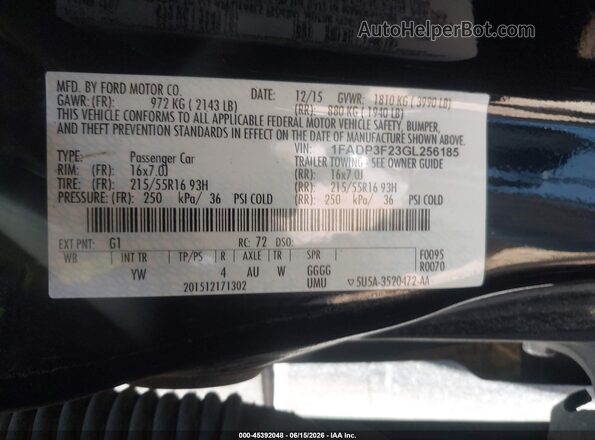 1FADP3F23GL256185 2016 FORD FOCUS Black 