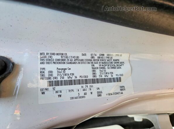 1FADP3F23GL363477 2016 FORD FOCUS White VIN կոդի պիտակի տեսք