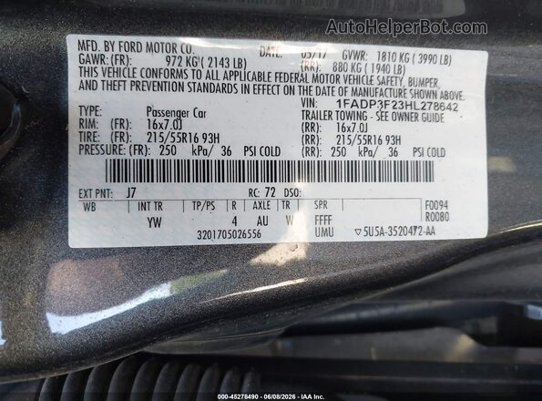 1FADP3F23HL278642 2017 FORD FOCUS Gray Vista del compartimento del motor