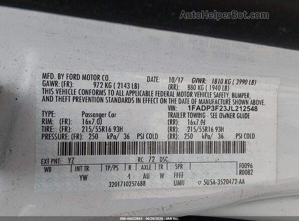 1FADP3F23JL212548 2018 FORD FOCUS White Вид підкапотного простору