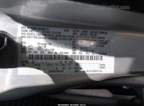 1FADP3F23JL254086 2018 FORD FOCUS Silver 