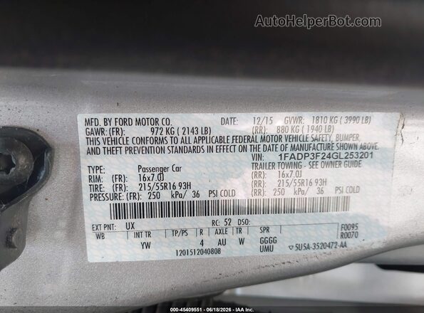 1FADP3F24GL253201 2016 FORD FOCUS Silver 