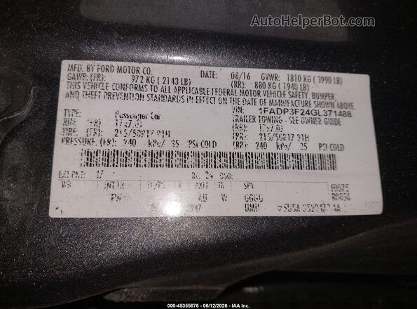 1FADP3F24GL371488 2016 FORD FOCUS Gray Вид підкапотного простору