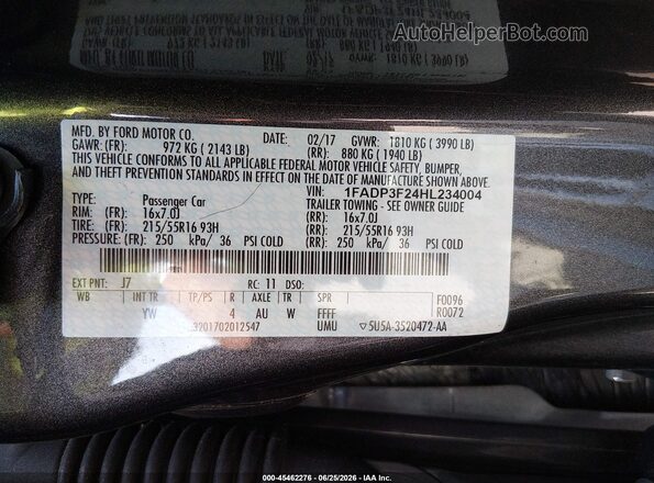 1FADP3F24HL234004 2017 FORD FOCUS Gray ძრავის განყოფილების ხედი