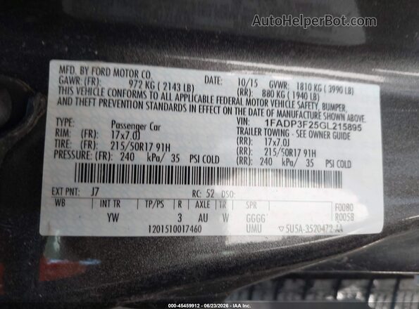 1FADP3F25GL215895 2016 FORD FOCUS Black Widok komory silnika
