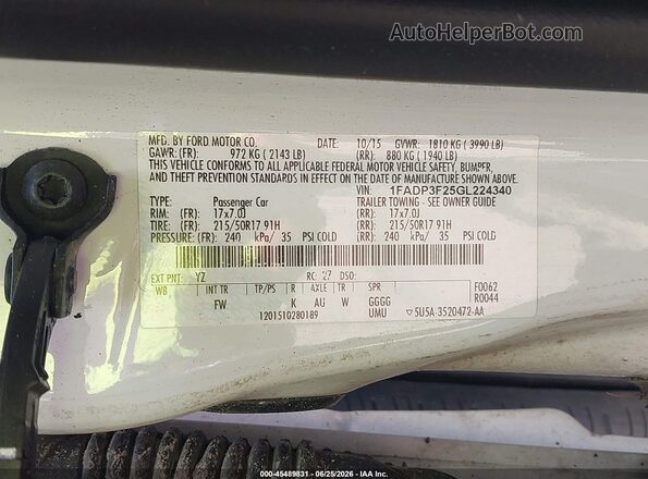 1FADP3F25GL224340 2016 FORD FOCUS Белый Вид подкапотного пространства