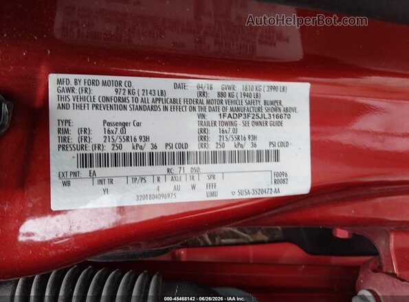 1FADP3F25JL316670 2018 FORD FOCUS Красный Вид подкапотного пространства