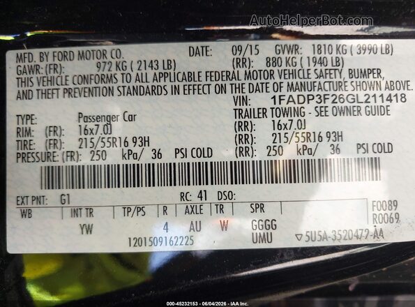 1FADP3F26GL211418 2016 FORD FOCUS Black ძრავის განყოფილების ხედი