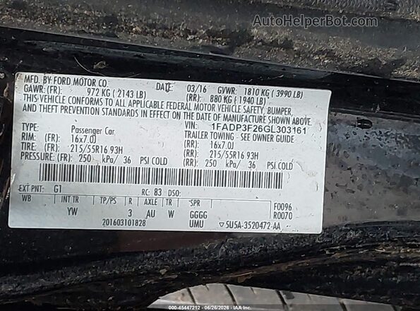 1FADP3F26GL303161 2016 FORD FOCUS Black Engine compartment view