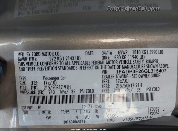1FADP3F26GL315407 2016 FORD FOCUS Gold Vista del compartimento del motor