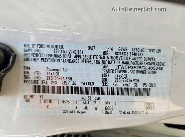 1FADP3F26GL405348 2016 FORD FOCUS White Вид підкапотного простору