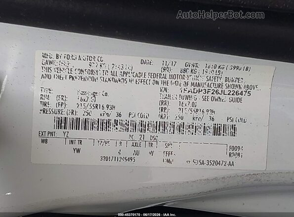 1FADP3F26JL226475 2018 FORD FOCUS Белый Вид подкапотного пространства