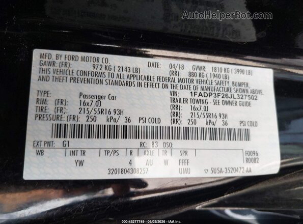 1FADP3F26JL327502 2018 FORD FOCUS Black Widok komory silnika