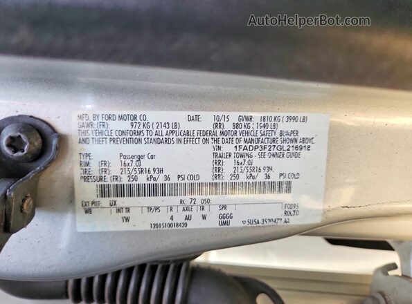 1FADP3F27GL216918 2016 FORD FOCUS Silver VIN կոդի պիտակի տեսք