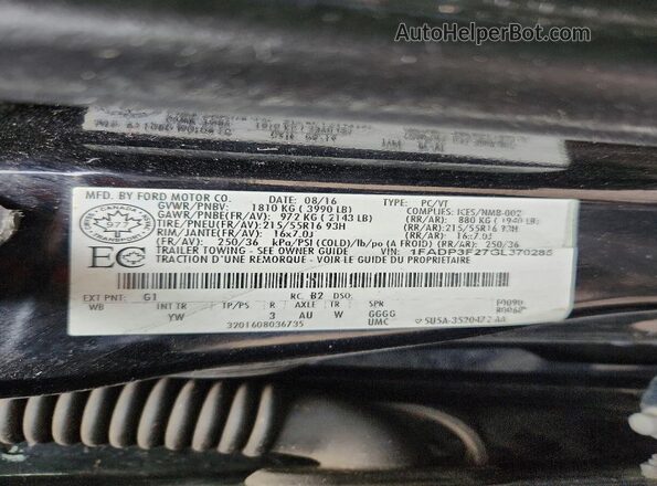 1FADP3F27GL370285 2016 FORD FOCUS Черный Вид наклейки с VIN-кодом