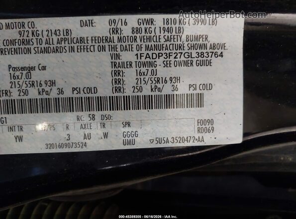 1FADP3F27GL383764 2016 FORD FOCUS Черный 
