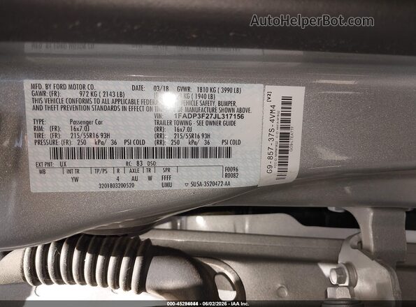 1FADP3F27JL317156 2018 FORD FOCUS Silver 