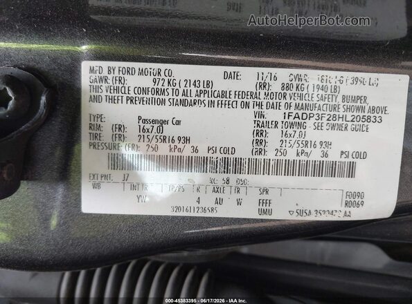 1FADP3F28HL205833 2017 FORD FOCUS Gray ძრავის განყოფილების ხედი