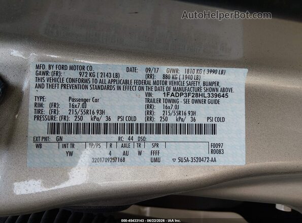 1FADP3F28HL339645 2017 FORD FOCUS Gold Вид підкапотного простору