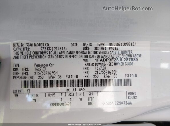 1FADP3F28JL287889 2018 FORD FOCUS White Widok komory silnika