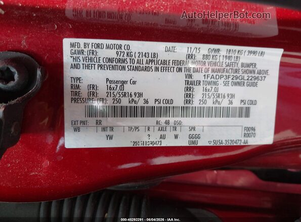 1FADP3F29GL229637 2016 FORD FOCUS Red Engine compartment view