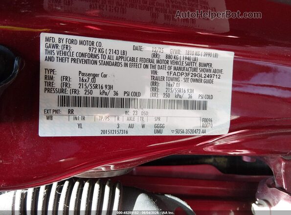 1FADP3F29GL249712 2016 FORD FOCUS Красный 