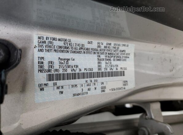 1FADP3F29GL319564 2016 FORD FOCUS Silver Вид наклейки з VIN-кодом