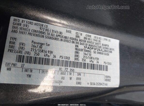 1FADP3F29JL280398 2018 FORD FOCUS Gray Widok komory silnika
