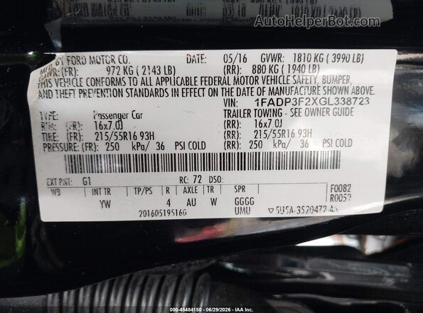 1FADP3F2XGL338723 2016 FORD FOCUS Black Շարժիչի բաժամունքի տեսք