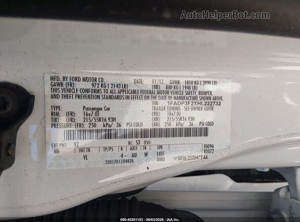 1FADP3F2XHL222732 2017 FORD FOCUS White Widok komory silnika