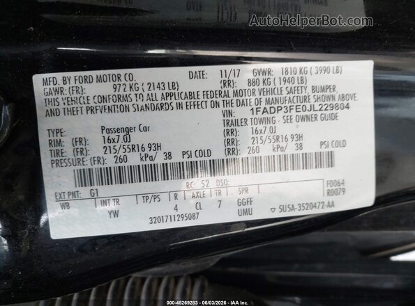1FADP3FE0JL229804 2018 FORD FOCUS Черный Вид подкапотного пространства
