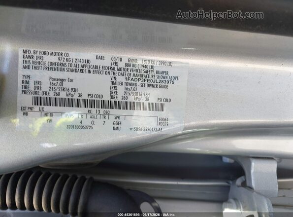 1FADP3FE0JL283975 2018 FORD FOCUS Silver Շարժիչի բաժամունքի տեսք