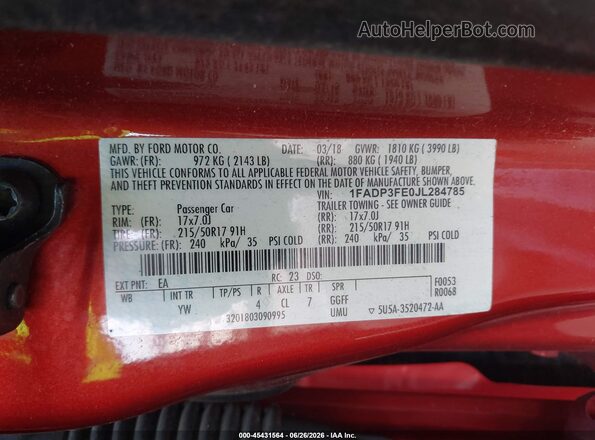 1FADP3FE0JL284785 2018 FORD FOCUS Red ძრავის განყოფილების ხედი