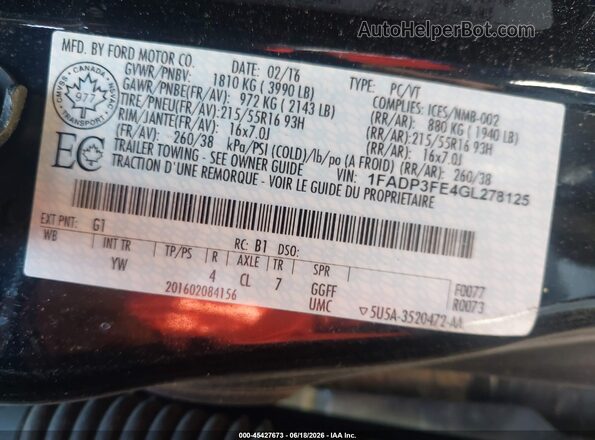 1FADP3FE4GL278125 2016 FORD FOCUS Black Вид підкапотного простору
