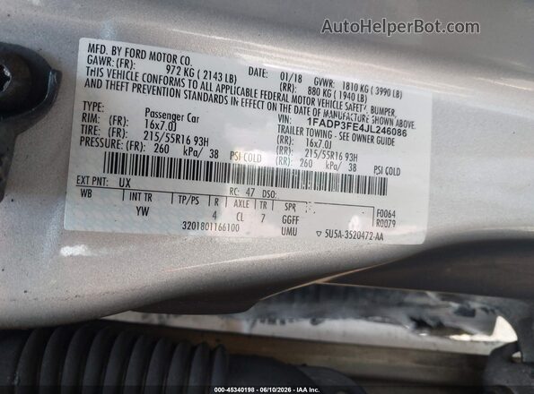 1FADP3FE4JL246086 2018 FORD FOCUS Серебряный 